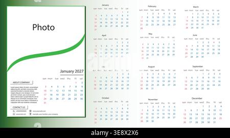 modèle de calendrier 2027 avec mise en page d'entreprise verte moderne, conception de planificateur mural d'entreprise avec espace réservé à la photo Illustration de Vecteur