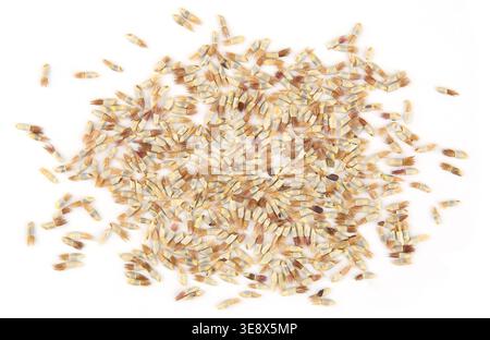 Graines de fleurs de bleuet isolées sur fond blanc. Pile sèche graines de fleurs Centaurea cyanus, vue de dessus. Banque D'Images
