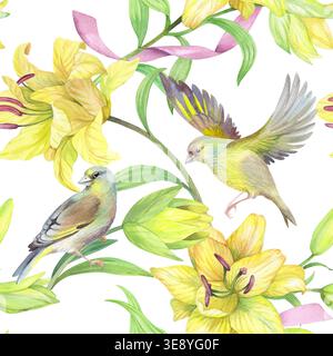 Motif sans couture des lis jaunes avec ruban rose et oiseaux. Illustration d'aquarelle faite à la main. Pour la conception d'emballage, les cartes, la couverture, les impressions Banque D'Images