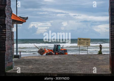 Machinerie lourde nettoyage des débris d'une plage tropicale Banque D'Images