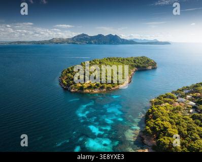 Vue aérienne drone d'une île verdoyante avec des pins et la mer bleue Banque D'Images
