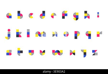 Police Bauhaus minuscule avec lettres modulaires colorées dans des formes primaires abstraites sur fond blanc propre illustration vectorielle Illustration de Vecteur