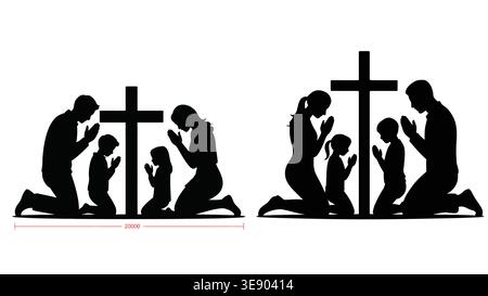 Une famille prie ensemble en silhouette devant une croix chrétienne Illustration de Vecteur