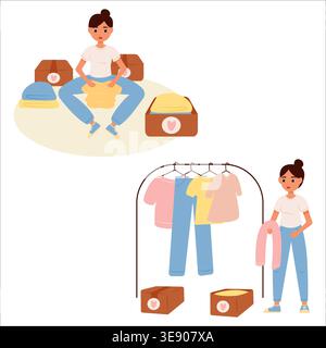 Illustration vectorielle de l'espace de dégagement et de la vie de l'excès. Nettoyer l'encombrement à la maison, donner des articles indésirables Illustration de Vecteur