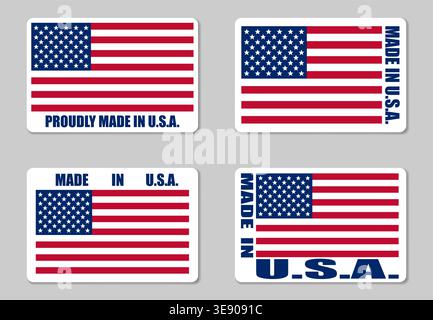 Autocollants d'étiquette fabriqués aux États-Unis, set vectoriel. Étiqueter avec drapeau américain Illustration de Vecteur