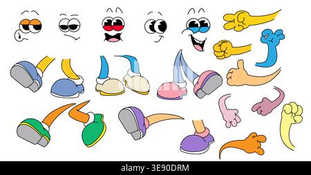 Ensemble de constructeur de personnage de dessin animé rétro avec visage expressif, mains, jambes et chaussures. Kit de mascotte abstrait vectoriel avec des émotions comiques drôles et un style vintage groovy pour l'animation. Illustration de Vecteur