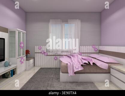 Intérieur moderne et minimaliste de la chambre des filles, mobilier blanc aux accents violets vifs et papier peint gris à motifs. Banque D'Images