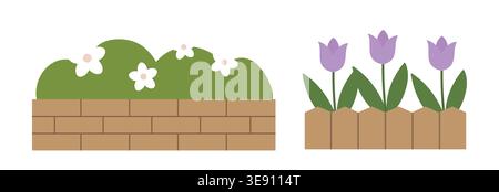 Lit de fleurs simple avec ensemble clipart vecteur de mur de briques. Fleurs de printemps mignonnes dans l'illustration de clôture en bois. Bordure de jardin de fleurs de printemps. Illustration de Vecteur