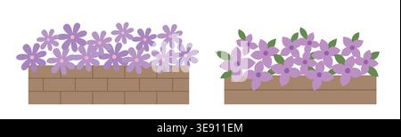 Lit de fleurs simple avec ensemble clipart vecteur de mur de briques. Fleurs de printemps mignonnes dans l'illustration de clôture en bois. Bordure de jardin de fleurs de printemps. Illustration de Vecteur