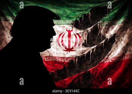 Profil silhouette du président américain Donald Trump à gauche contre un drapeau iranien déchiré et en détresse, symbolisant la division politique Banque D'Images