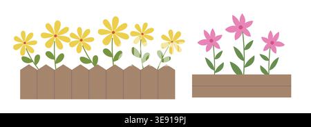 Lit de fleurs simple avec ensemble clipart vecteur de clôture en bois. Fleurs de printemps mignonnes dans l'illustration de clôture en bois. Illustration de Vecteur