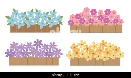 Lit de fleurs simple avec ensemble clipart vecteur de clôture en bois. Fleurs de printemps mignonnes dans l'illustration de clôture en bois. Illustration de Vecteur