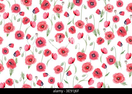 Motif sans couture de coquelicot rouge aquarelle avec arrangement floral dense, fond botanique de fleurs sauvages isolé sur blanc pour tissu, textile, emballage Banque D'Images