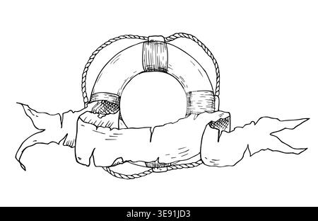 Bouée de sauvetage vectorielle avec vieux papier à volutes. Illustration linéaire peinte à la main de l'équipement de sécurité et de sauvetage. Croquis monochrome graphique isolé sur fond Illustration de Vecteur