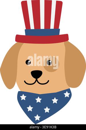Chien portant le chapeau et l'écharpe oncle Sam. Chien mignon portant USA Party Accessories Vector illustration. 4 juillet costume animal Clipart. Illustration de Vecteur