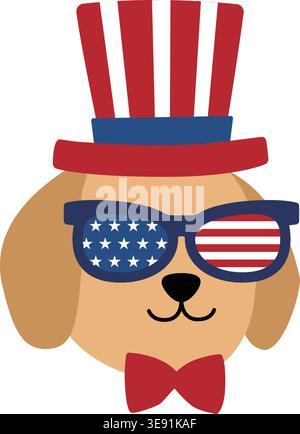 Chien portant un chapeau oncle Sam et des lunettes de soleil. Chien mignon portant USA Party Accessories Vector illustration. 4 juillet costume animal Clipart. Illustration de Vecteur