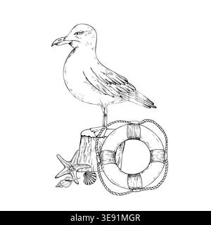 Composition vectorielle de mouette. Étoiles de mer linéaires peintes à la main, coquillages, bouée de sauvetage, illustration d'oiseaux. Croquis monochrome graphique isolé sur fond. Pour Illustration de Vecteur