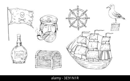 Bateau à voile à vent vectoriel. Illustration de bateau de pêche linéaire peinte à la main. Croquis monochrome graphique isolé sur fond. Pour les concepteurs, impressions, logo Illustration de Vecteur