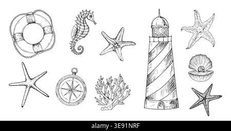 Ensemble marin Vector avec phare vintage, bouée de sauvetage, boussole, créatures marines. Illustration de symbole nautique linéaire peint à la main, étoile de mer, hippocampe Illustration de Vecteur