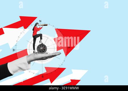 Collage artistique. Panneau indicateur - une main montre la femme d'affaires avec des télescopes pirates où regarder. Boussole. Analyse commerciale et stratégique. Trouvez un moyen. Banque D'Images