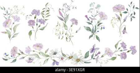 Ensemble floral de gloire matinale aquarelle, éléments botaniques peints à la main et bordure horizontale avec des fleurs sauvages violettes. Eléments vectoriels isolés sur blanc. Illustration de Vecteur
