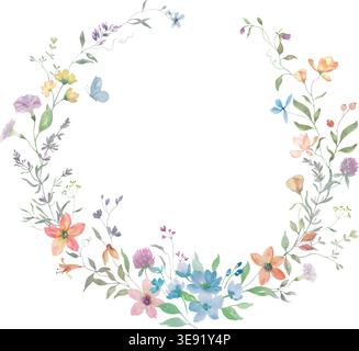 Cadre de couronne de fleurs sauvages à l'aquarelle, bordure ronde botanique peinte à la main avec des fleurs roses et des cloches bleues. Illustration vectorielle isolée sur blanc. Illustration de Vecteur