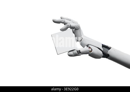 La main robotique cyborg blanche tient un objet avec un espace de copie dans son doigt - rendu 3D isolé sur fond PNG libre. Banque D'Images