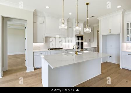 Cuisine ouverte lumineuse avec armoires blanches, grand îlot, lampes suspendues et planchers de bois franc dans un intérieur de maison nouvellement construit. Banque D'Images