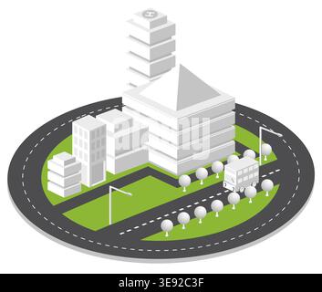 Illustration isométrique montrant une rue urbaine avec des immeubles résidentiels, des arbres verts du parc et un camion de livraison mobile Illustration de Vecteur