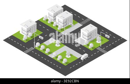 Illustration isométrique montrant une rue urbaine avec des immeubles résidentiels, des arbres verts du parc et un camion de livraison mobile Illustration de Vecteur