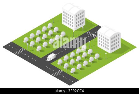 Illustration isométrique montrant une rue urbaine avec des immeubles résidentiels, des arbres verts du parc et un camion de livraison mobile Illustration de Vecteur