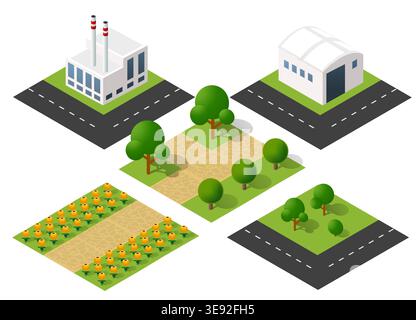 Tuiles de ville isométriques montrant différentes zones d'une ville, y compris une usine, un entrepôt, un parc et un jardin de fleurs Illustration de Vecteur