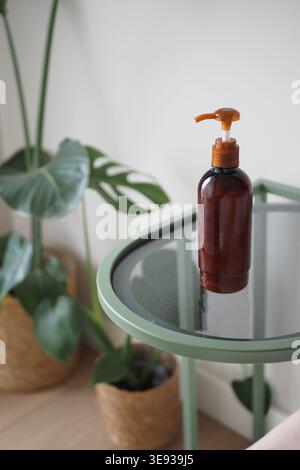 Bouteille brune sur la table verte avec des plantes dans la chambre Banque D'Images
