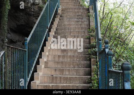 Des escaliers mènent à travers la verdure et les rochers dans un quartier calme Banque D'Images