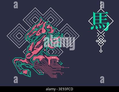 Signe du zodiaque chinois de cheval, graphique de cheval futuriste coloré avec élément chinois traditionnel, le mot chinois se réfère à cheval Zodiaque Illustration de Vecteur
