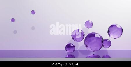 Sphères et cubes de cristal violet sur une scène lumineuse Banque D'Images