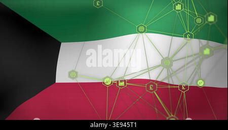 Affichage vert, blanc, drapeau rouge avec palan noir et réseau de néon de nœuds hexagonaux et d'icônes Banque D'Images