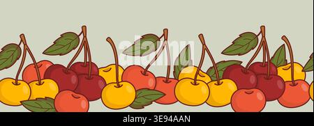 Bordure sans couture avec mélange mûr de cerises rouges et jaunes et de feuilles vertes. Fond horizontal botanique. Ruban de variété de fruits. Harve d'été naturelle Illustration de Vecteur