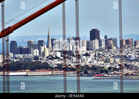 Les gratte-ciel de San Francisco depuis le Golden Gate Bridge. L'eau est en dessous et les bâtiments bordent le rivage en arrière-plan. Banque D'Images