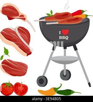 Barbecue pique-nique ensemble avec barbecue grill, steaks et légumes frais. Gril chaud rôti flamboyant pour les côtes levées, les côtelettes de viande, les piments et les tomates. Illustration de Vecteur