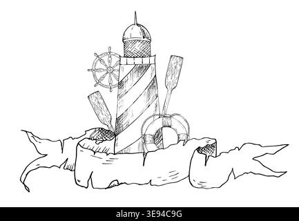 Composition vectorielle avec phare, helme de roue de navire derrière vieux papier de défilement. Palette en bois nautique linéaire peinte à la main, illustration de bouée de sauvetage Illustration de Vecteur