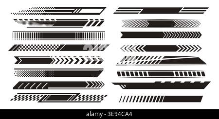 Rayures de course noires dynamiques avec motif à carreaux, graphismes de sport automobile audacieux, illustrations vectorielles isolées sur fond blanc. Image de marque automobile, éléments de conception de vitesse et visuels sportifs compétitifs Illustration de Vecteur
