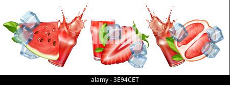 Tranches de fraises fraîches avec des glaçons et du spalsh de jus, pastèque, morceaux de pamplemousse juteux, feuilles vertes, illustration vectorielle réaliste isolé sur fond blanc. Composition de fruits frais d'été Illustration de Vecteur