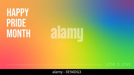 Bannière Happy Pride Month sur fond de gradient arc-en-ciel vibrant. En-tête de célébration LGBTQ avec Love is Love slogan et typographie blanche moderne pour Illustration de Vecteur