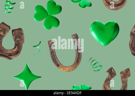 Le motif sans couture présente divers symboles de bonne chance comme des fers à cheval, des coeurs et des trèfles dispersés sur un fond vert clair lisse. Chacun Banque D'Images