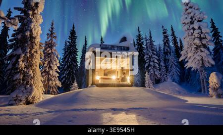 Nichée dans le paysage enneigé serein d'Akaslompolo, une cabane moderne brille chaleureusement sur fond de grands arbres givrés sous un ciel étoilé. Une retraite hivernale parfaite. Banque D'Images