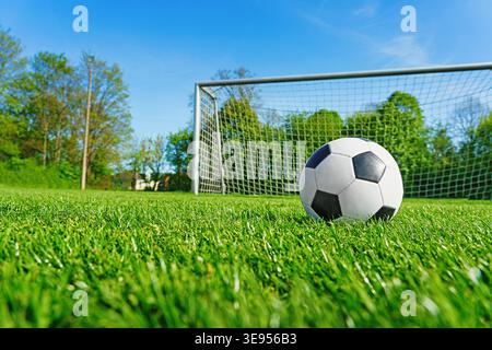 terrain de jeu de football texturé avec ballon devant le but de football. - centre, milieu de terrain Banque D'Images
