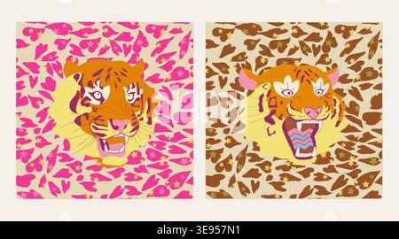 Illustration stylisée de tête de tigre avec un fond de motif animal audacieux, mélangeant la force de la faune et des éléments de conception décoratifs dans un graphique moderne Banque D'Images