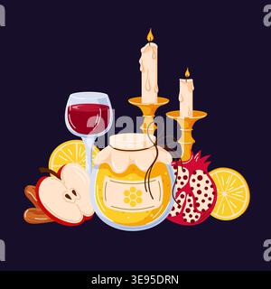 Rosh Hashanah fête nourriture et composition de bougie. Concept du nouvel an juif. Illustration pour carte de voeux, bannière, affiche dans le dessin animé Illustration de Vecteur