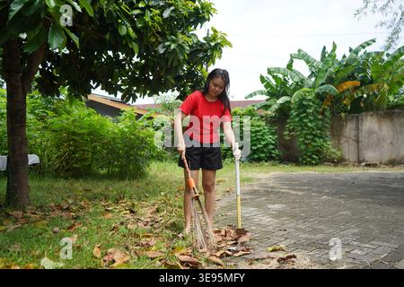 Femme balayant les feuilles tombées dans Dustpan Banque D'Images